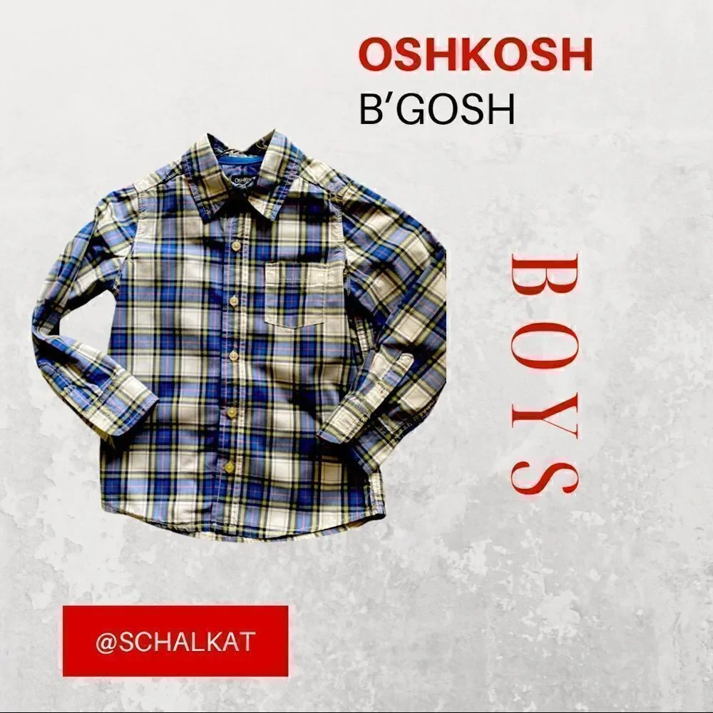Boys Button Plaid Casual Dress Shirt, Oshkosh B’Gosh, Front Pocket, Long Sleeve